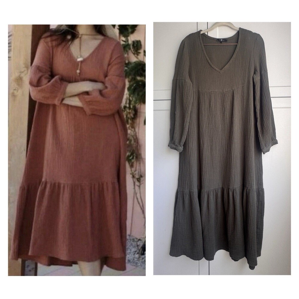 7 For All Mankind Olive Green Cotton Gauze Midi Dress Size S Boho Peasant Style
